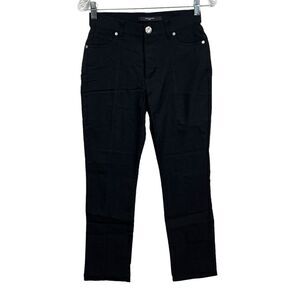 Simon‎ Chang Denim Pants Stretch Straight Leg Slim Flat Front Black Women Size 2